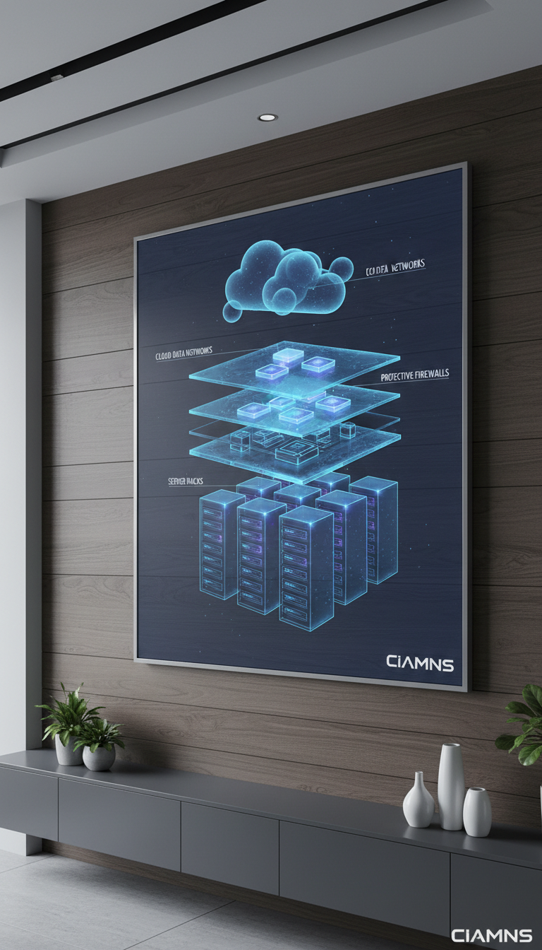 An elegant architectural diagram rendered in three dimensions, featuring translucent, glass-like layers representing computing infrastructure elements such as cloud data nodes, secure firewalls, and server stacks. The diagram is displayed on a wall-mounted, ultra-thin digital screen framed by brushed aluminum, within a contemporary office meeting space with structured wood paneling and minimal decor. Subtle, diffuse lighting gives a soft, even illumination, enhancing the clarity of the transparent overlays and casting faint shadows on the wall behind. Captured from a slightly side-centric viewpoint, the image is structured, balanced, and exudes a clinical professionalism in keeping with CIAMNS’s corporate theme.